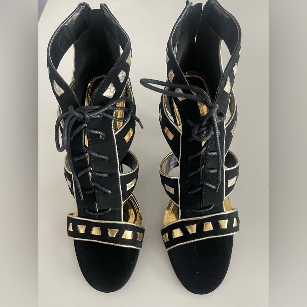Black and Gold Lace Up High Heels Zipper Back Women’s Size 10 4"HeelShoes